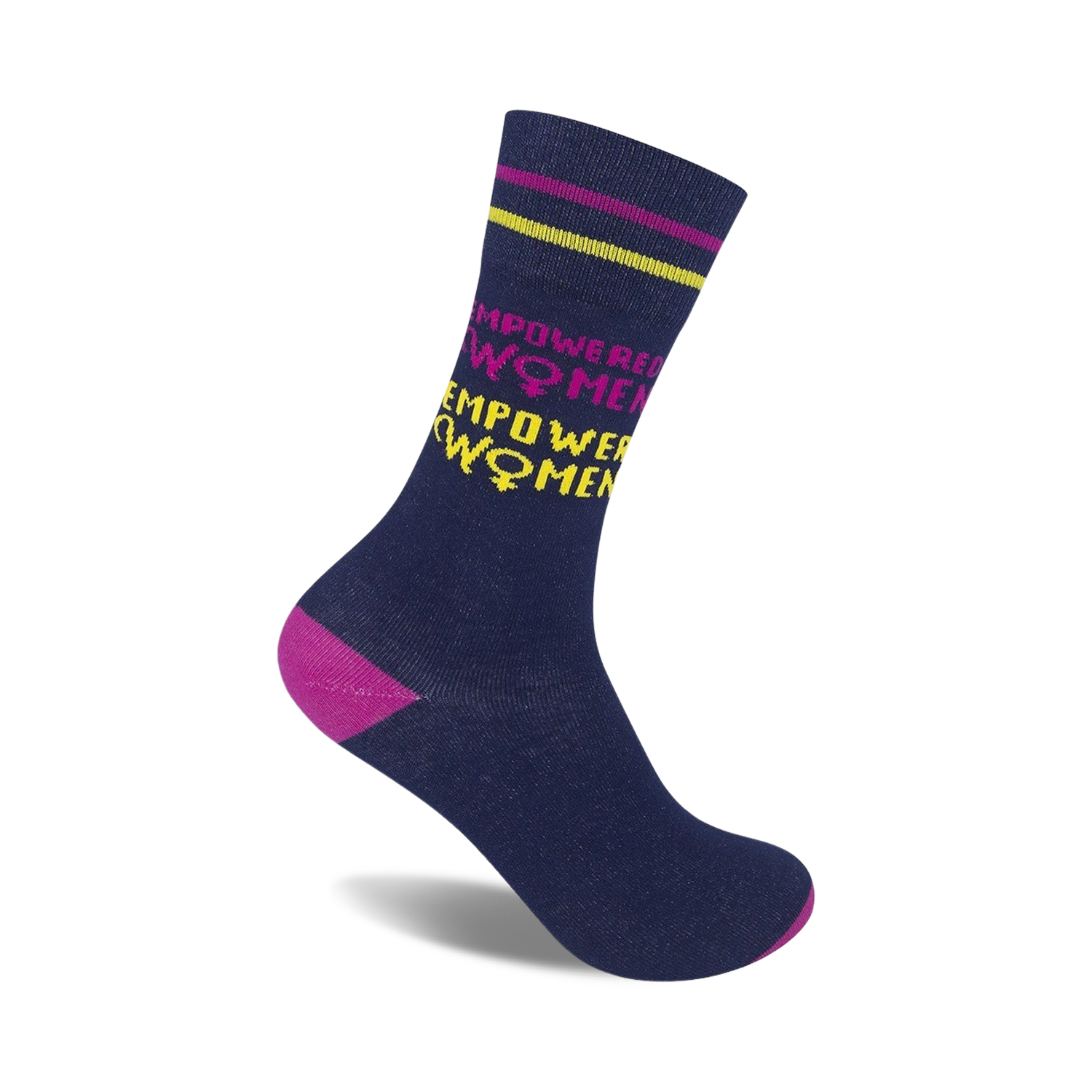 Navy blue crew socks with pink and yellow stripes at the top.  The words 'EMPOWERED WOMEN' are repeated vertically in pink and yellow with feminist symbols.