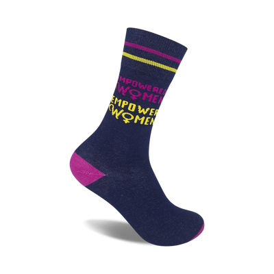 dark blue crew socks with yellow and pink "empower women" knit-in message; pink and yellow striped cuff.    