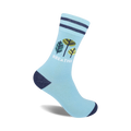 Light blue crew socks with navy blue stripes and a whimsical leaf design.  The word 'Breathe' is printed on the sock.