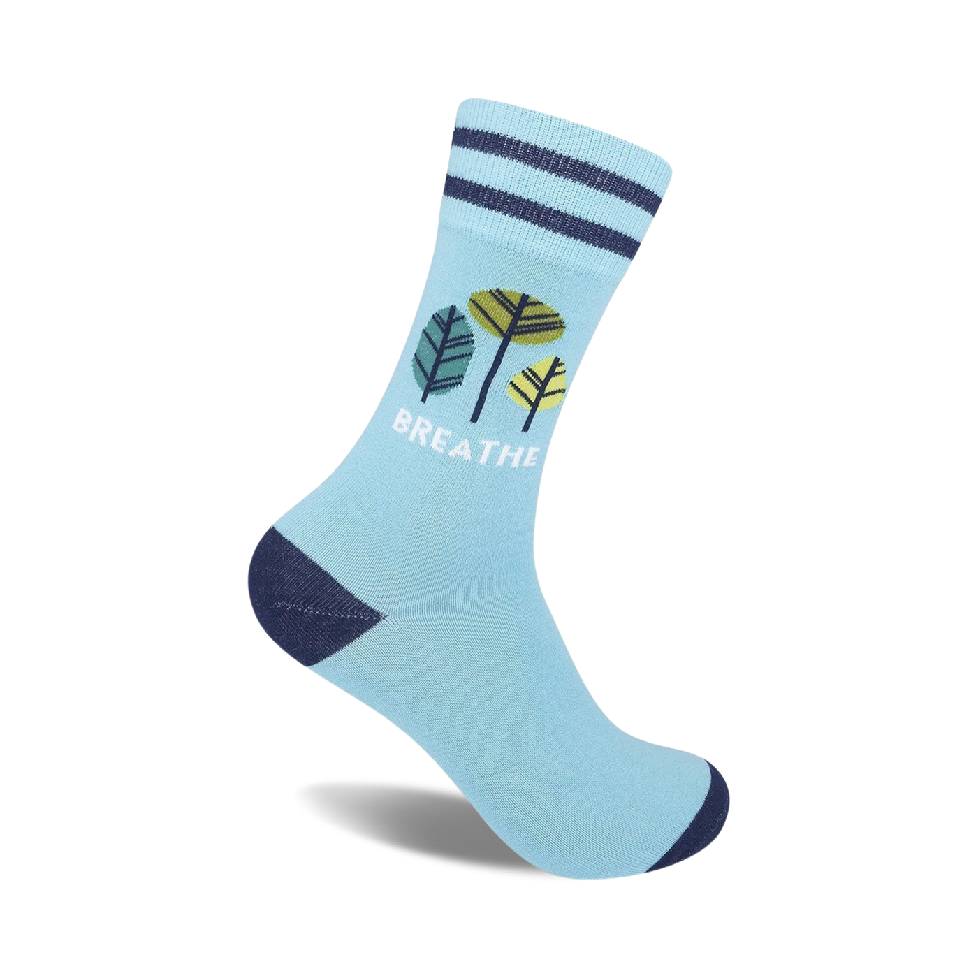 Light blue crew socks with navy blue stripes and a whimsical leaf design.  The word 'Breathe' is printed on the sock.