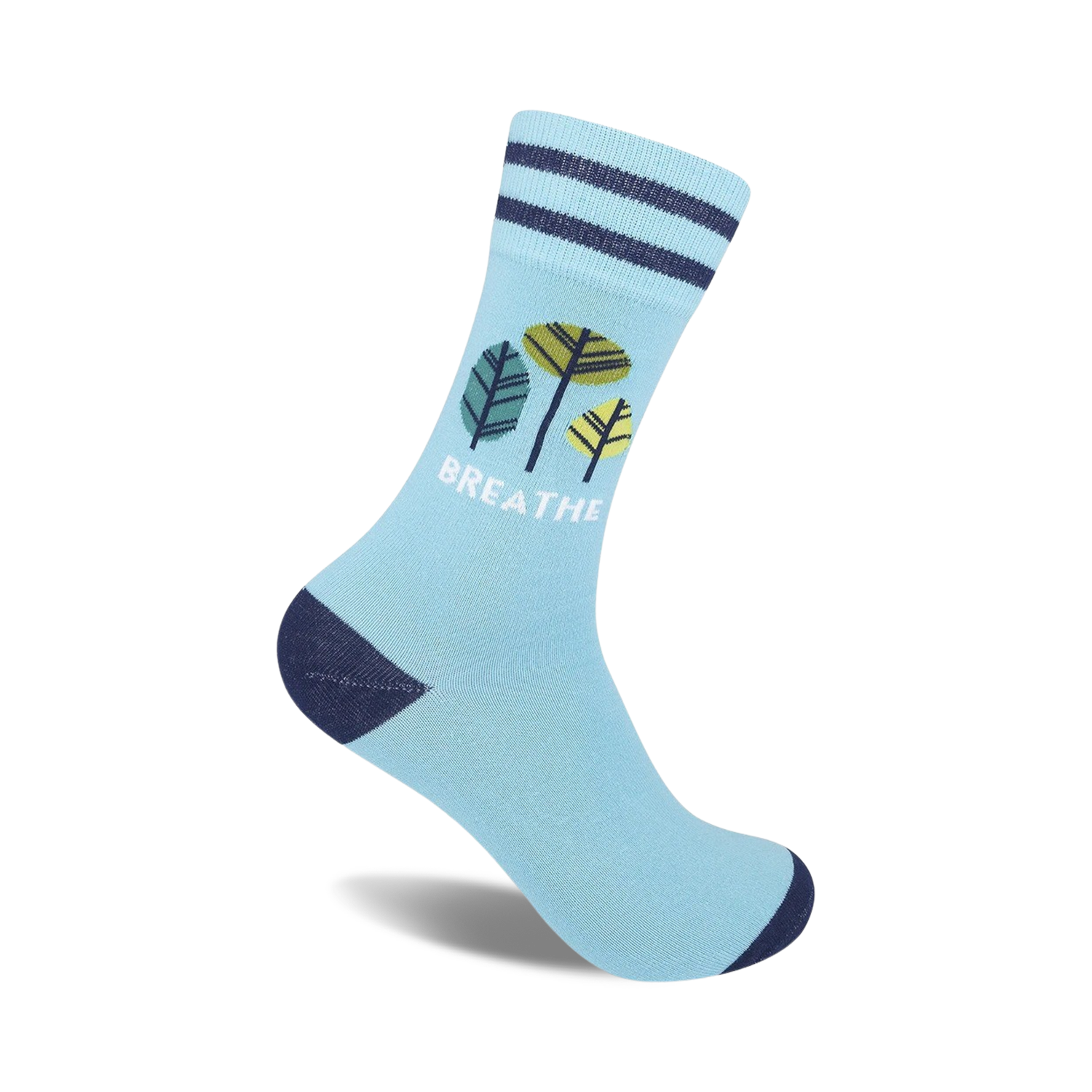 Light blue crew socks with navy blue stripes and a whimsical leaf design.  The word 'Breathe' is printed on the sock.