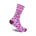 Lavender crew socks with a brown megaphone graphic and the text 'When hate is loud, love cannot be silent'.  Scattered pink and white hearts adorn the sock.