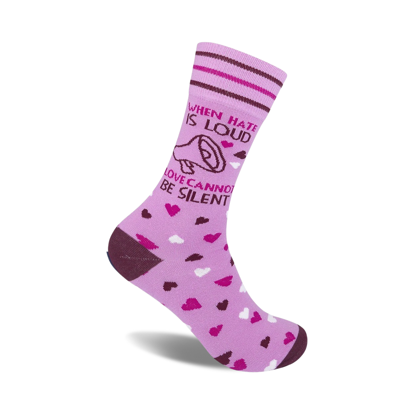 Lavender crew socks with a brown megaphone graphic and the text 'When hate is loud, love cannot be silent'.  Scattered pink and white hearts adorn the sock.