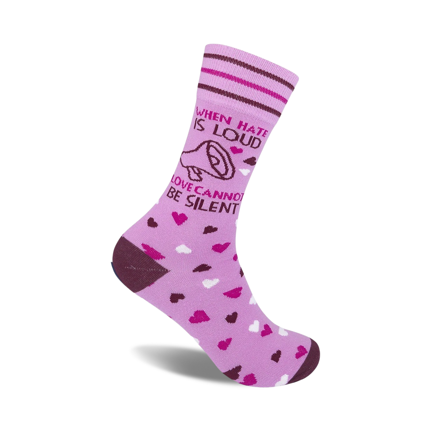 Lavender crew socks with a brown megaphone graphic and the text 'When hate is loud, love cannot be silent'.  Scattered pink and white hearts adorn the sock.