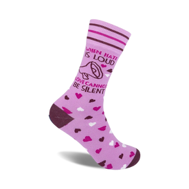 pink crew socks with megaphones and the saying "when hate is loud...love cannot be silent" promote love and tolerance.  
