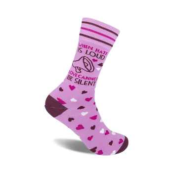 pink crew socks with megaphones and the saying "when hate is loud...love cannot be silent" promote love and tolerance.  
