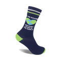 Crew socks in navy blue with lime green accents. Features a design of a heart-shaped Earth and the text 'Be The Change'.