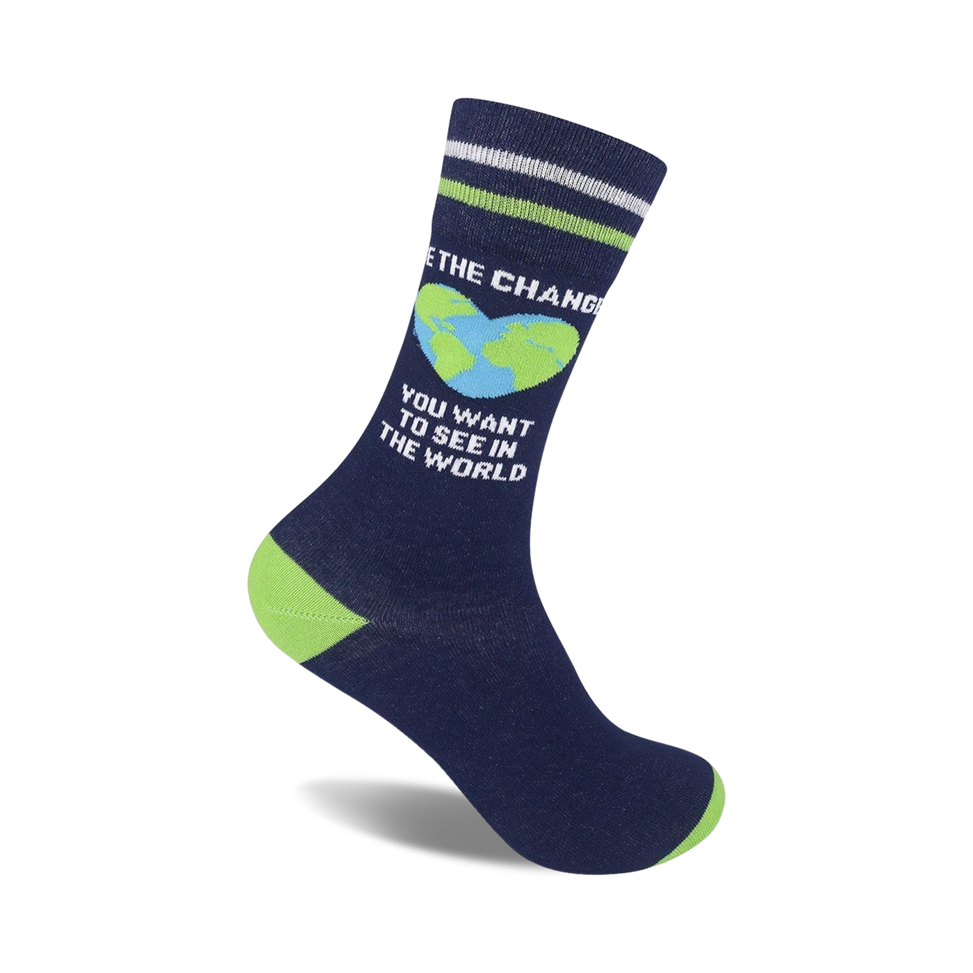 Crew socks in navy blue with lime green accents. Features a design of a heart-shaped Earth and the text 'Be The Change'.