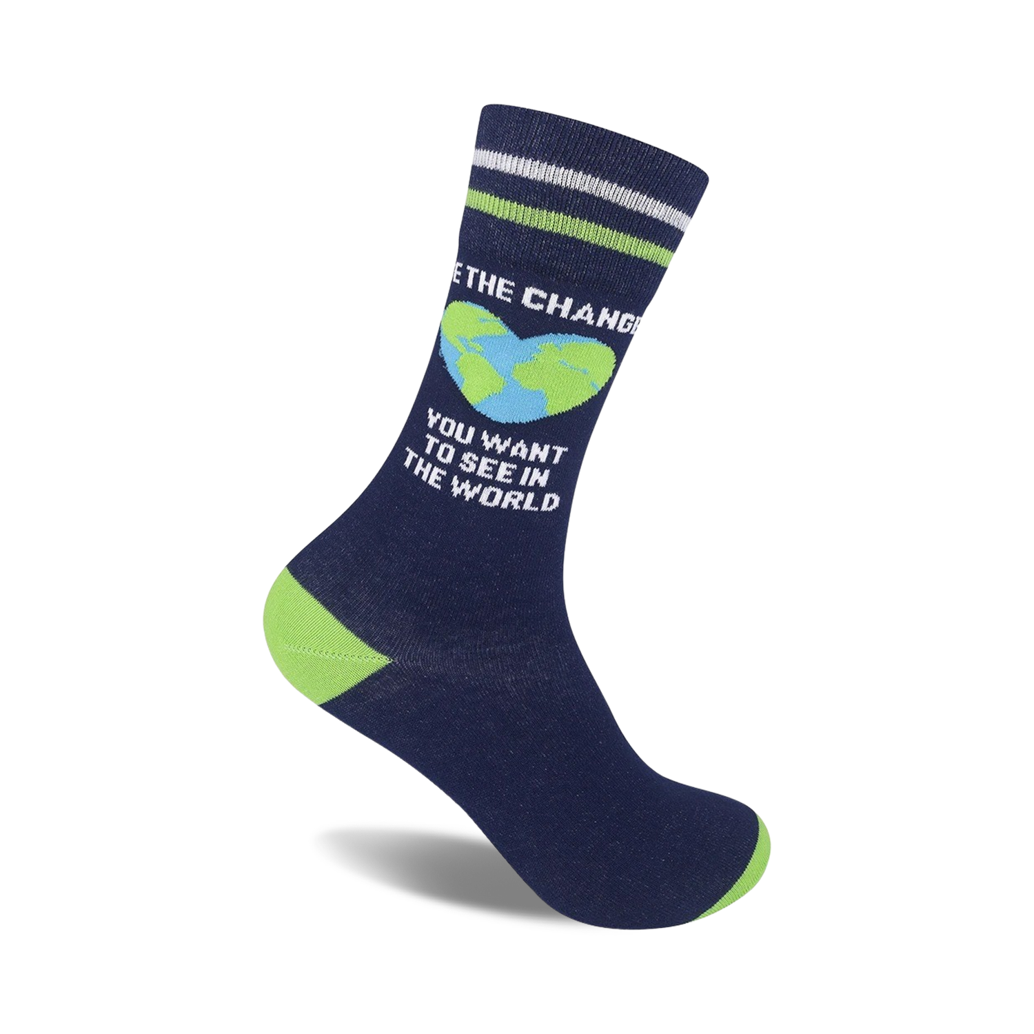 Crew socks in navy blue with lime green accents. Features a design of a heart-shaped Earth and the text 'Be The Change'.