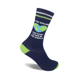 dark blue crew socks for men and women with the words "be the change you want to see in the world" written on the cuff.  