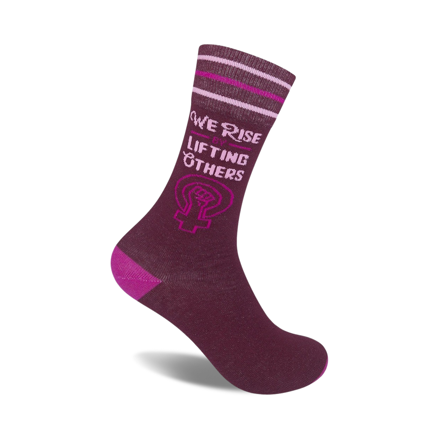 Burgundy crew socks with pink stripes and 'We Rise by Lifting Others' text alongside a feminist fist symbol.