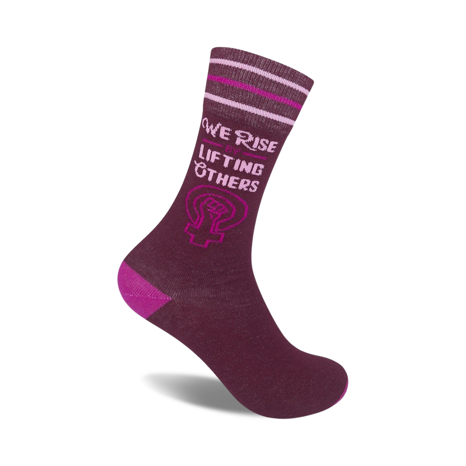 Burgundy crew socks with pink stripes and 'We Rise by Lifting Others' text alongside a feminist fist symbol.