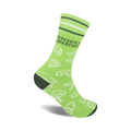 Lime green crew socks with a white mushroom pattern and 'Perfectly Imperfect' text. Dark green stripes at the top.