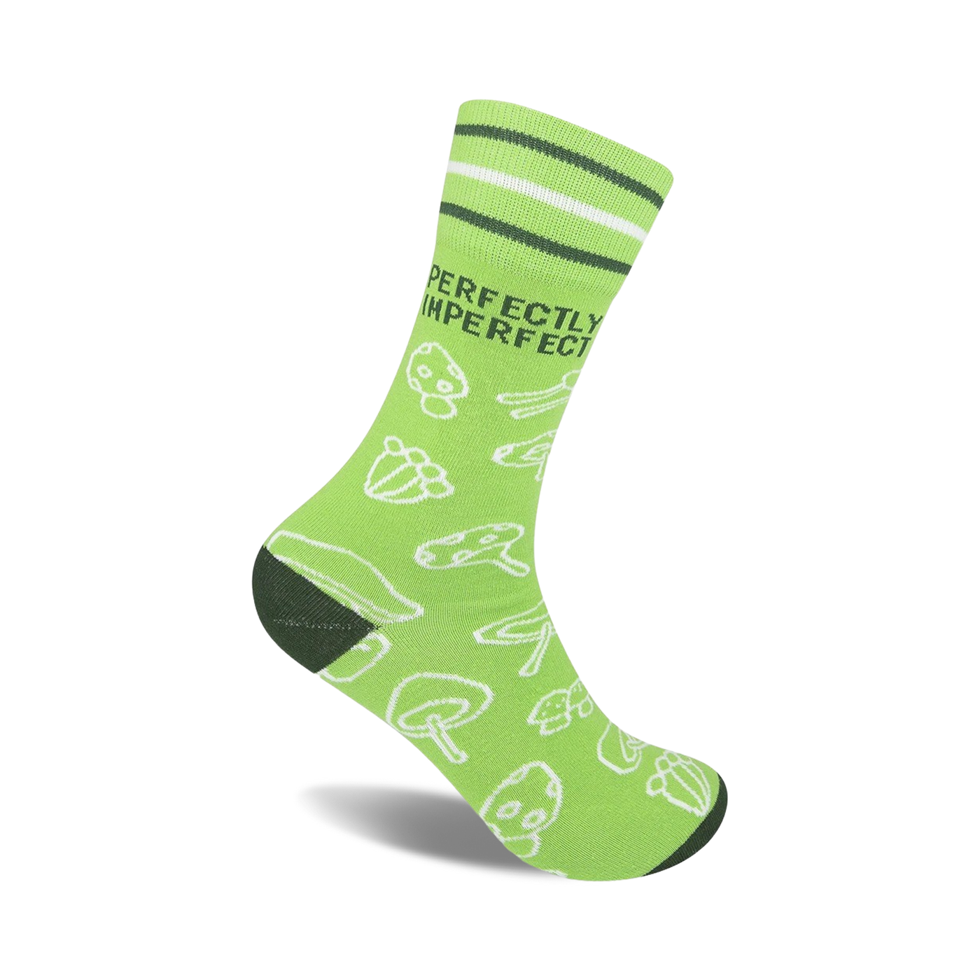 Lime green crew socks with a white mushroom pattern and 'Perfectly Imperfect' text. Dark green stripes at the top.