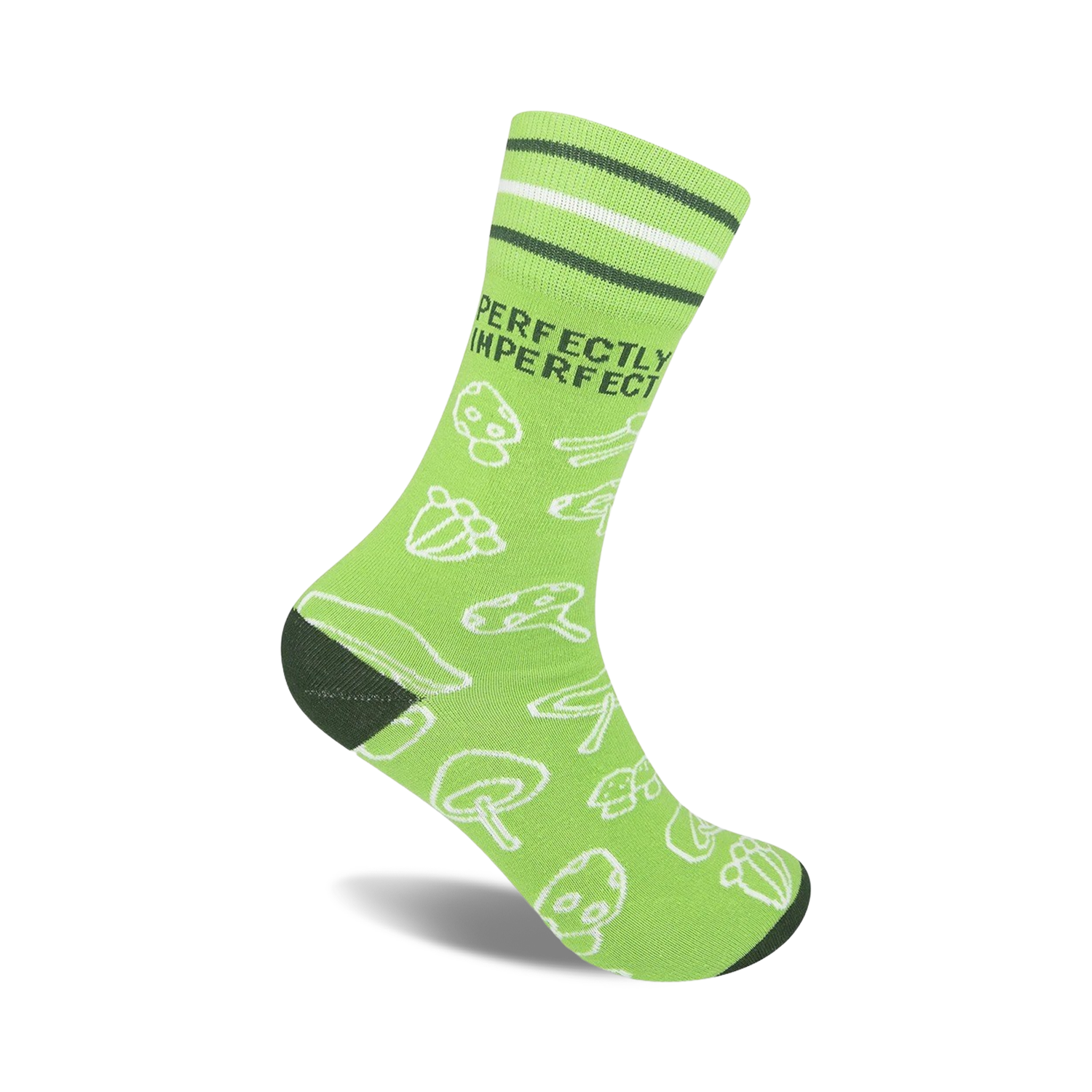 Lime green crew socks with a white mushroom pattern and 'Perfectly Imperfect' text. Dark green stripes at the top.