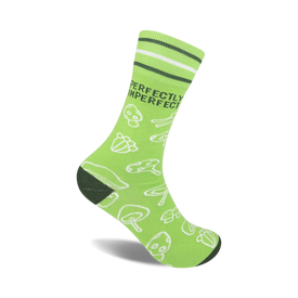 crew socks with mushroom pattern and "perfectly imperfect" text for men and women  
