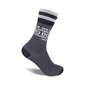 black and white striped crew socks with martin luther king jr. quote: "the time is always right to do the right thing - mlk"  