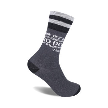 black and white striped crew socks with martin luther king jr. quote: "the time is always right to do the right thing - mlk"  