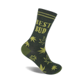 A dark grey crew sock with olive green marijuana leaves and the words 'Best Bud' printed on it. Casual style.