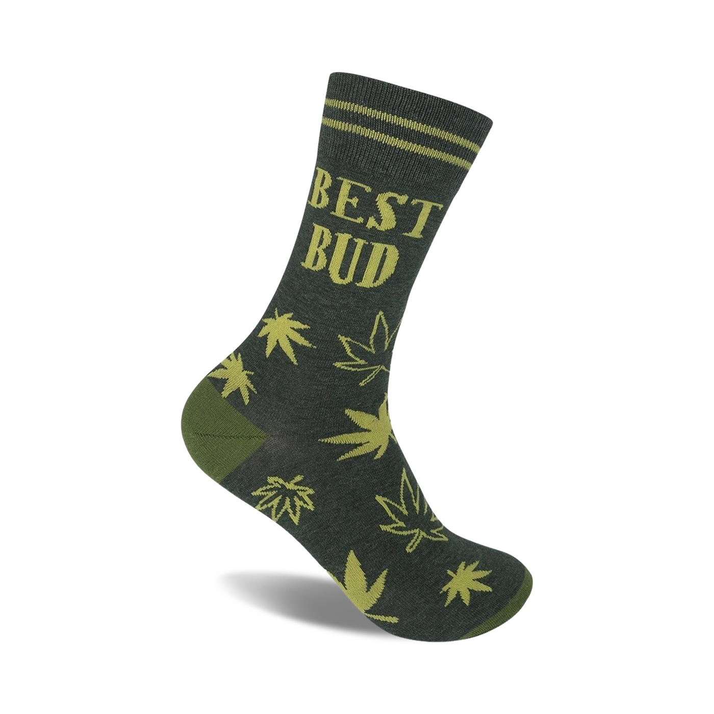 A dark grey crew sock with olive green marijuana leaves and the words 'Best Bud' printed on it. Casual style.