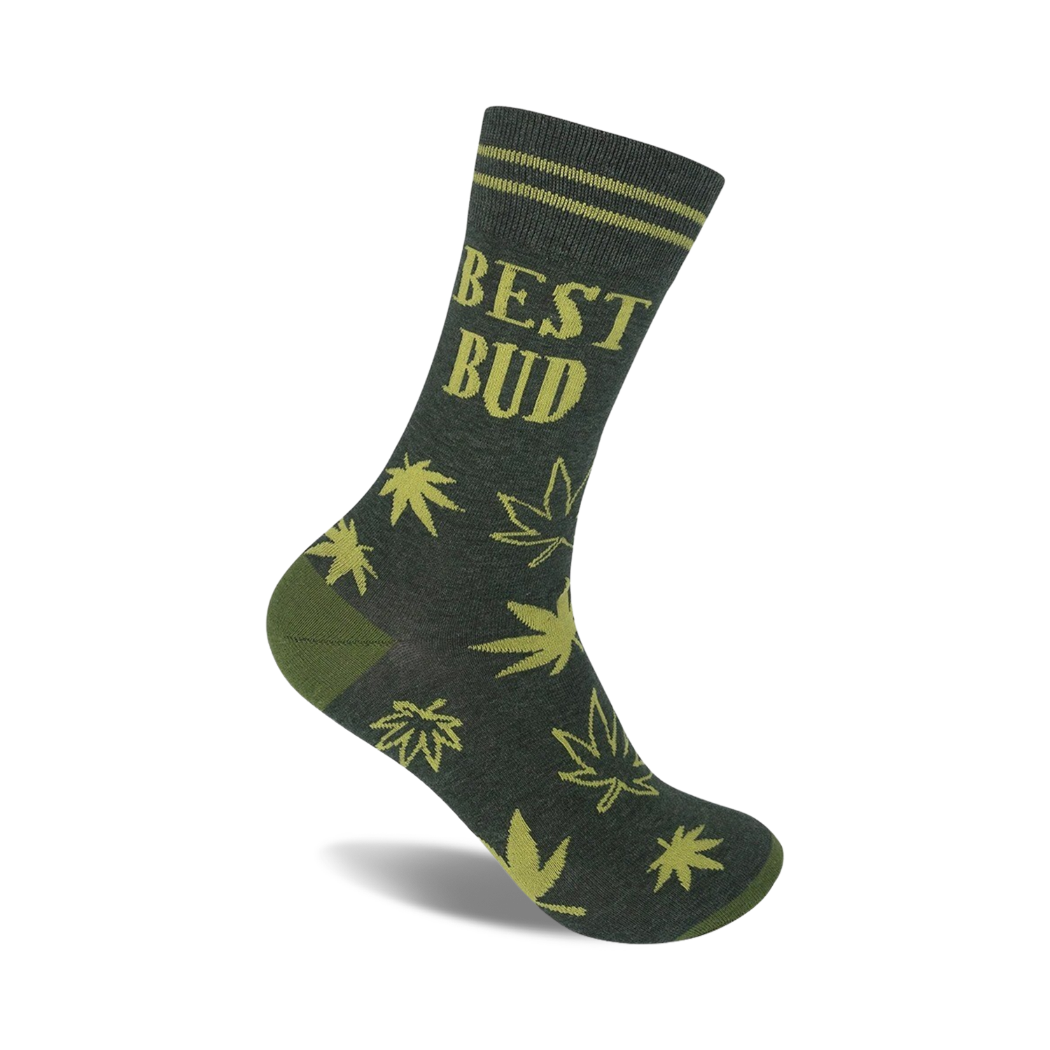 A dark grey crew sock with olive green marijuana leaves and the words 'Best Bud' printed on it. Casual style.