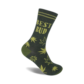 dark green crew socks with yellow "best bud" lettering and a light green marijuana leaf pattern.   