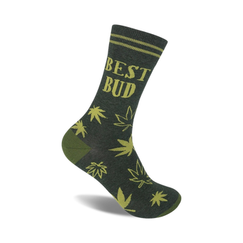 dark green crew socks with yellow "best bud" lettering and a light green marijuana leaf pattern.   