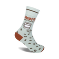 Crew socks in light blue with a brown coffee cup, coffee beans, and the text 'Decaf? That's Adorable.' Brown heel and toe.