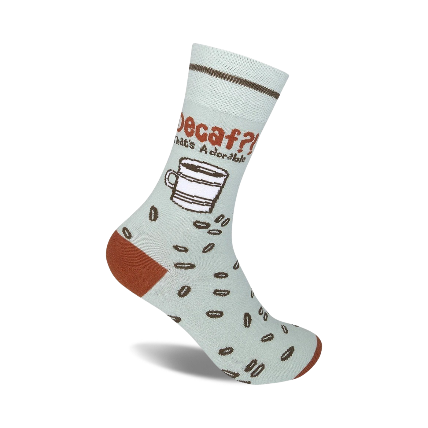 Crew socks in light blue with a brown coffee cup, coffee beans, and the text 'Decaf? That's Adorable.' Brown heel and toe.
