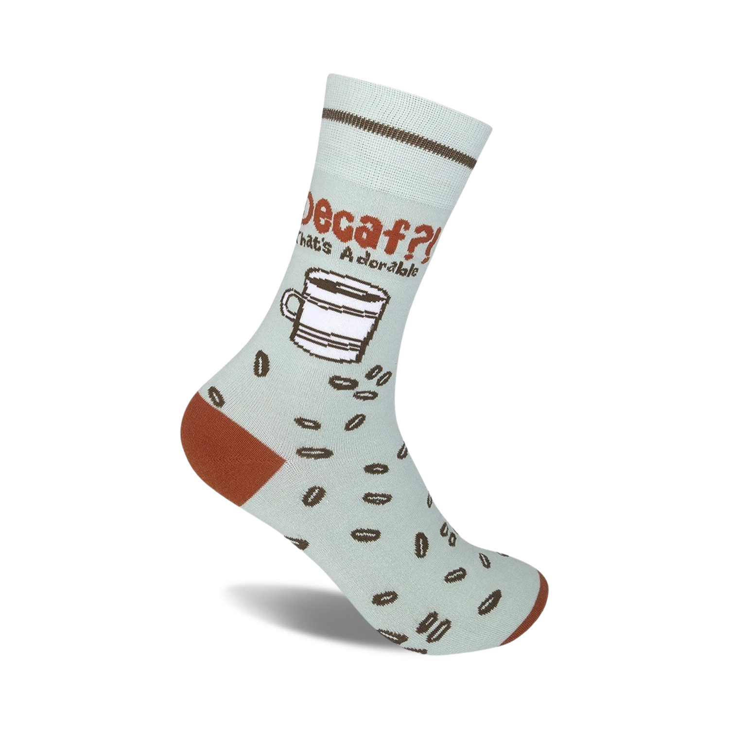 Crew socks in light blue with a brown coffee cup, coffee beans, and the text 'Decaf? That's Adorable.' Brown heel and toe.