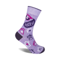 Lavender crew socks with a fun coffee-themed design. Features purple, pink, and dark gray coffee pots, plus a speech bubble that says 'Perky!'