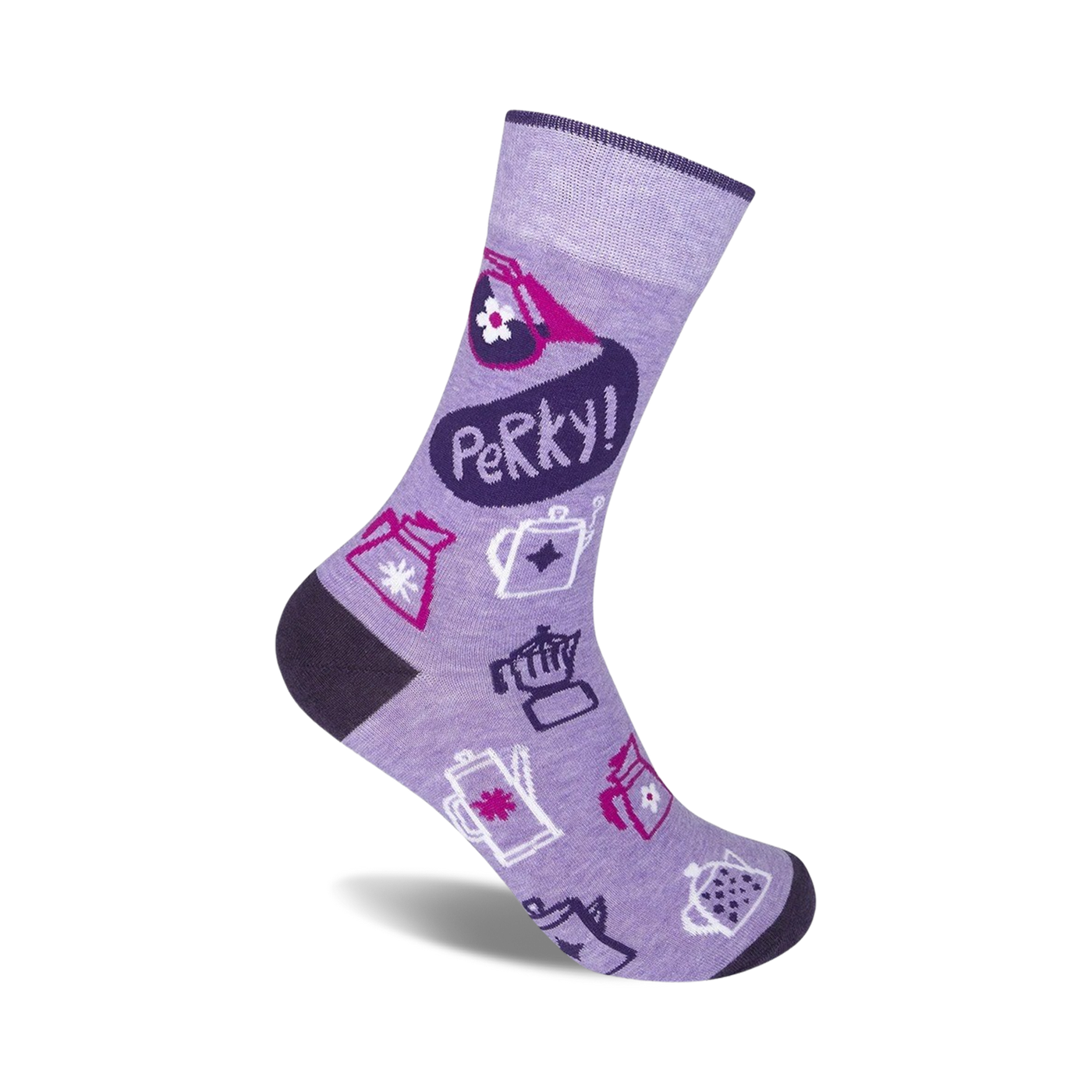 Lavender crew socks with a fun coffee-themed design. Features purple, pink, and dark gray coffee pots, plus a speech bubble that says 'Perky!'