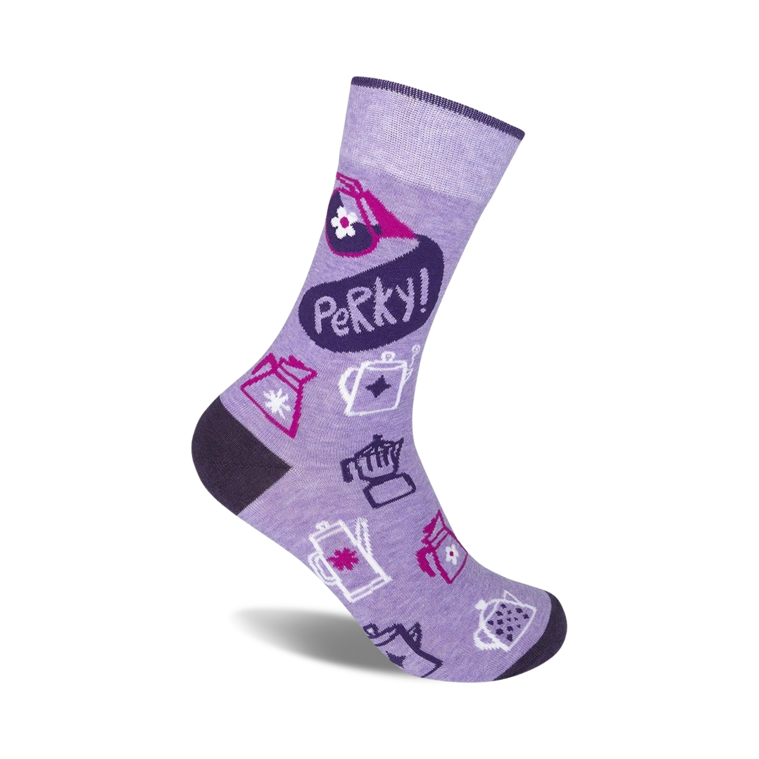 Lavender crew socks with a fun coffee-themed design. Features purple, pink, and dark gray coffee pots, plus a speech bubble that says 'Perky!'