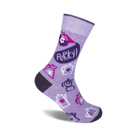 purple crew socks with coffee-related pattern for men and women   