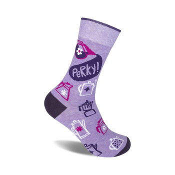purple crew socks with coffee-related pattern for men and women   