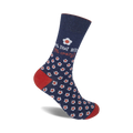 Crew socks in navy blue with a pattern of small white daisies and the text '99% That Bitch (1% crazy)' in coral.
