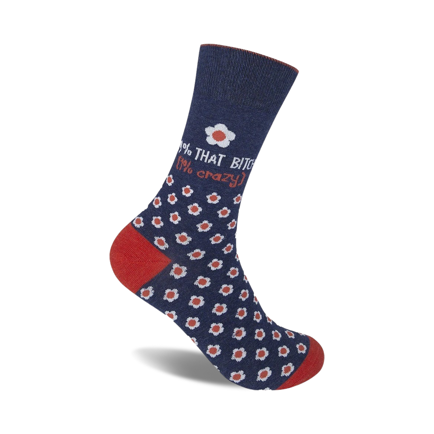 Crew socks in navy blue with a pattern of small white daisies and the text '99% That Bitch (1% crazy)' in coral.