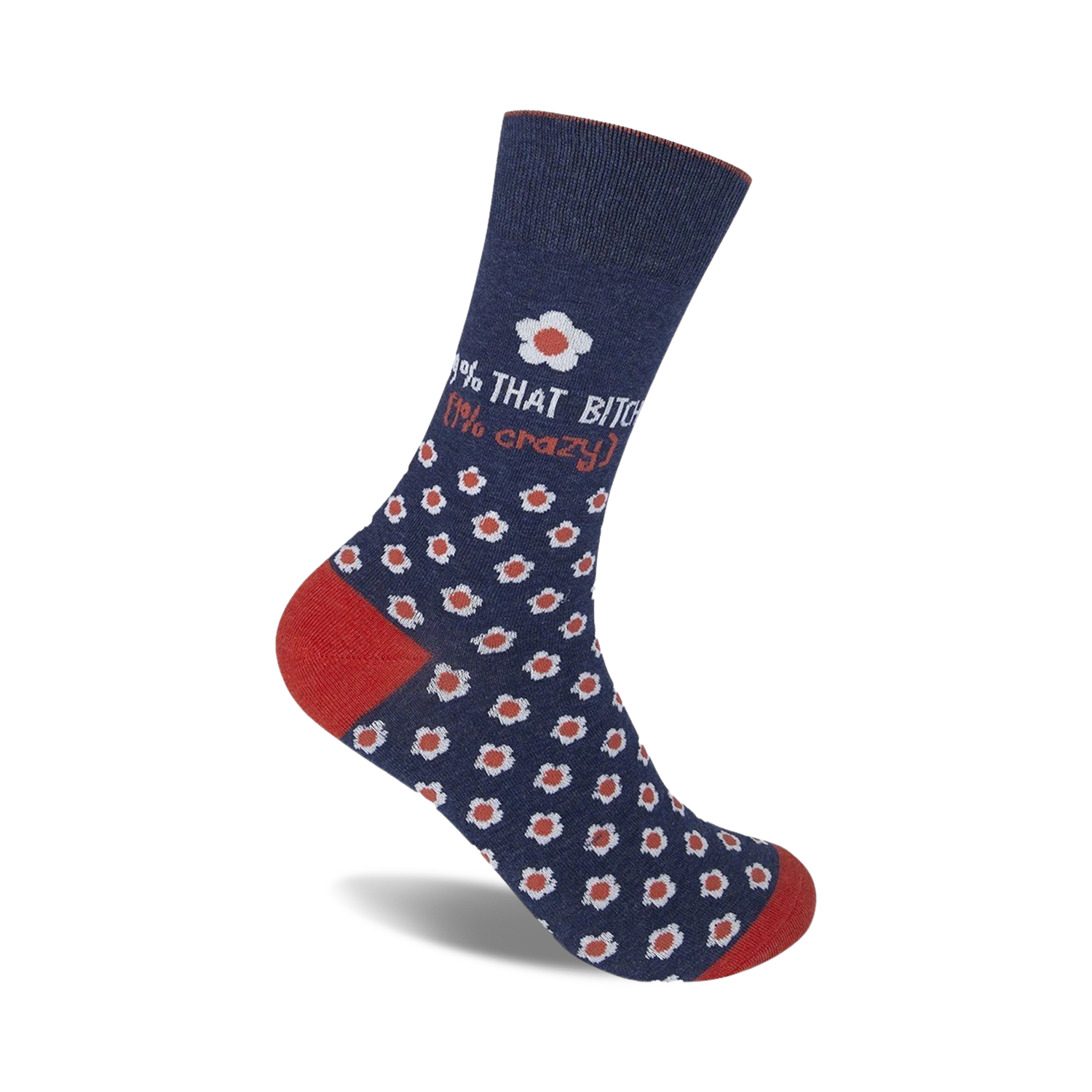 Crew socks in navy blue with a pattern of small white daisies and the text '99% That Bitch (1% crazy)' in coral.