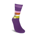 Close-up of 'Let That Shit Go' socks showing the texture and detail of the purple fabric and colorful stripes.