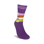 Close-up of 'Let That Shit Go' socks showing the texture and detail of the purple fabric and colorful stripes.