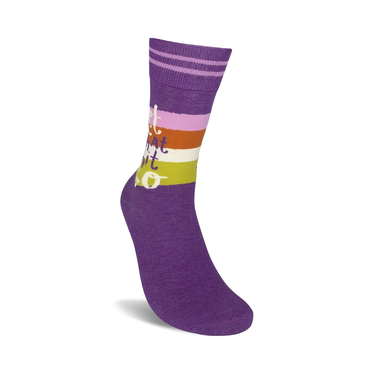 Close-up of 'Let That Shit Go' socks showing the texture and detail of the purple fabric and colorful stripes.