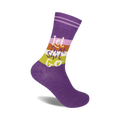 Purple crew socks with horizontal stripes in orange, pink, and green.  The phrase 'Let That Shit Go' is printed on the stripes.