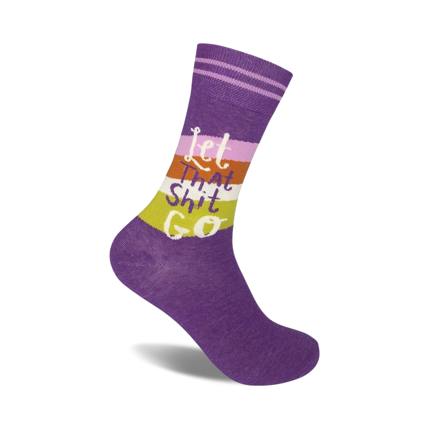Purple crew socks with horizontal stripes in orange, pink, and green.  The phrase 'Let That Shit Go' is printed on the stripes.