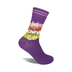 Purple crew socks with horizontal stripes in orange, pink, and green.  The phrase 'Let That Shit Go' is printed on the stripes.