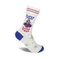 Cream crew socks with blue and red accents.  Features a cartoon mom in a cape, and the text 'Super Mom Super Tired'.