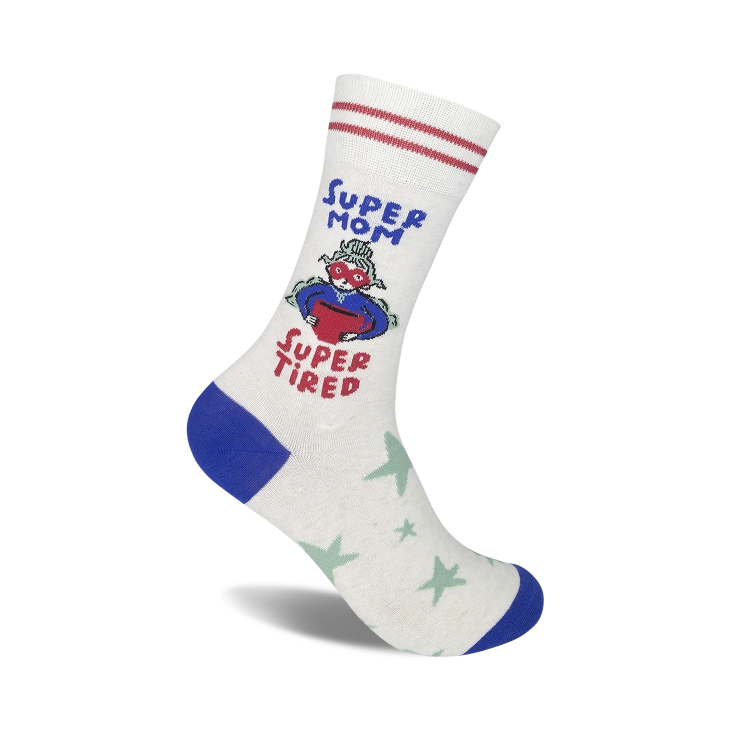 Cream crew socks with blue and red accents.  Features a cartoon mom in a cape, and the text 'Super Mom Super Tired'.