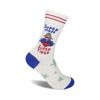 white crew socks with red and white striped cuff. illustration of a super mom with coffee and stars. text: supermom super tired.   