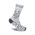 Grey crew socks with a Shakespeare illustration, the phrase 'Where My Prose At?', and small book designs. Dark grey cuff and toe.