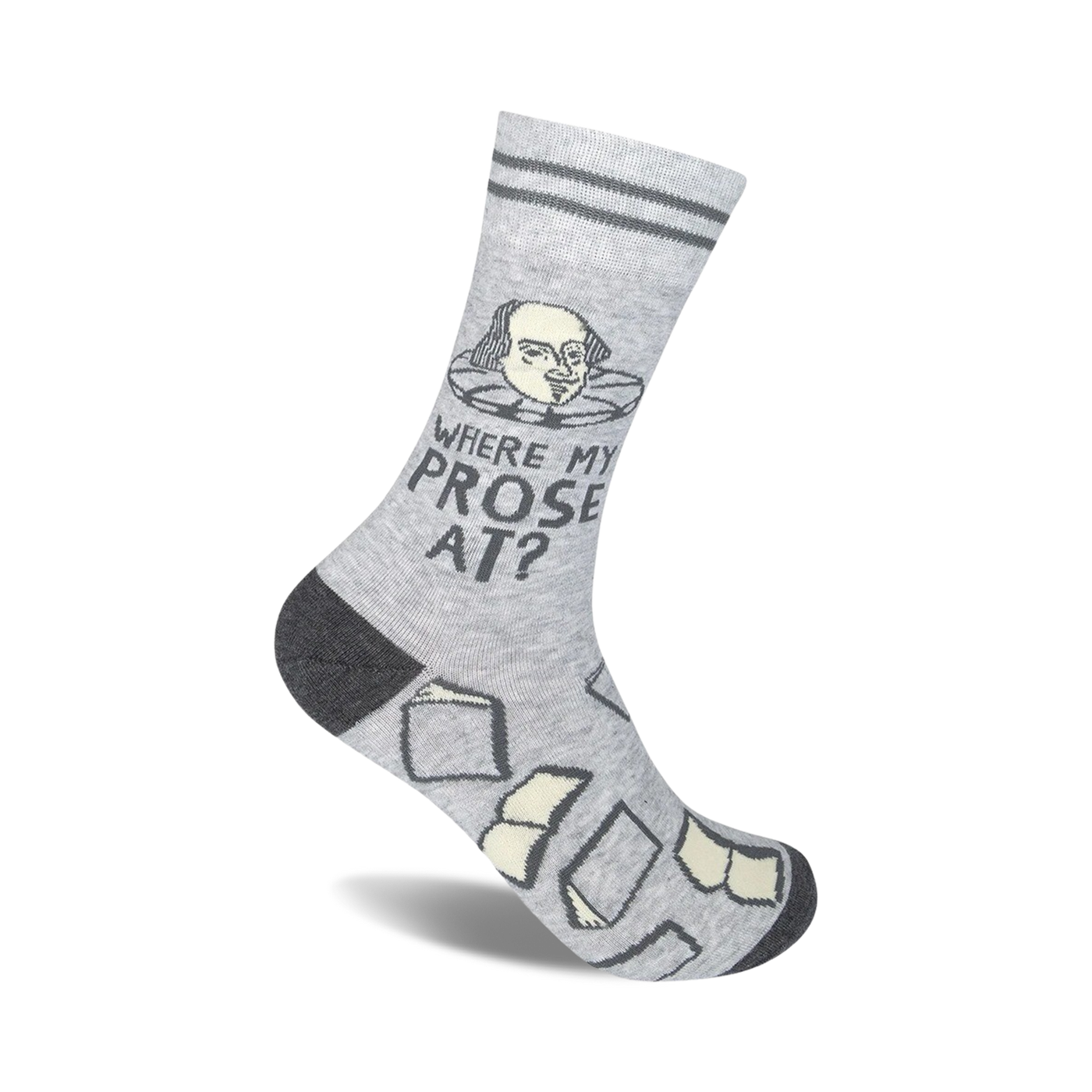 Grey crew socks with a Shakespeare illustration, the phrase 'Where My Prose At?', and small book designs. Dark grey cuff and toe.