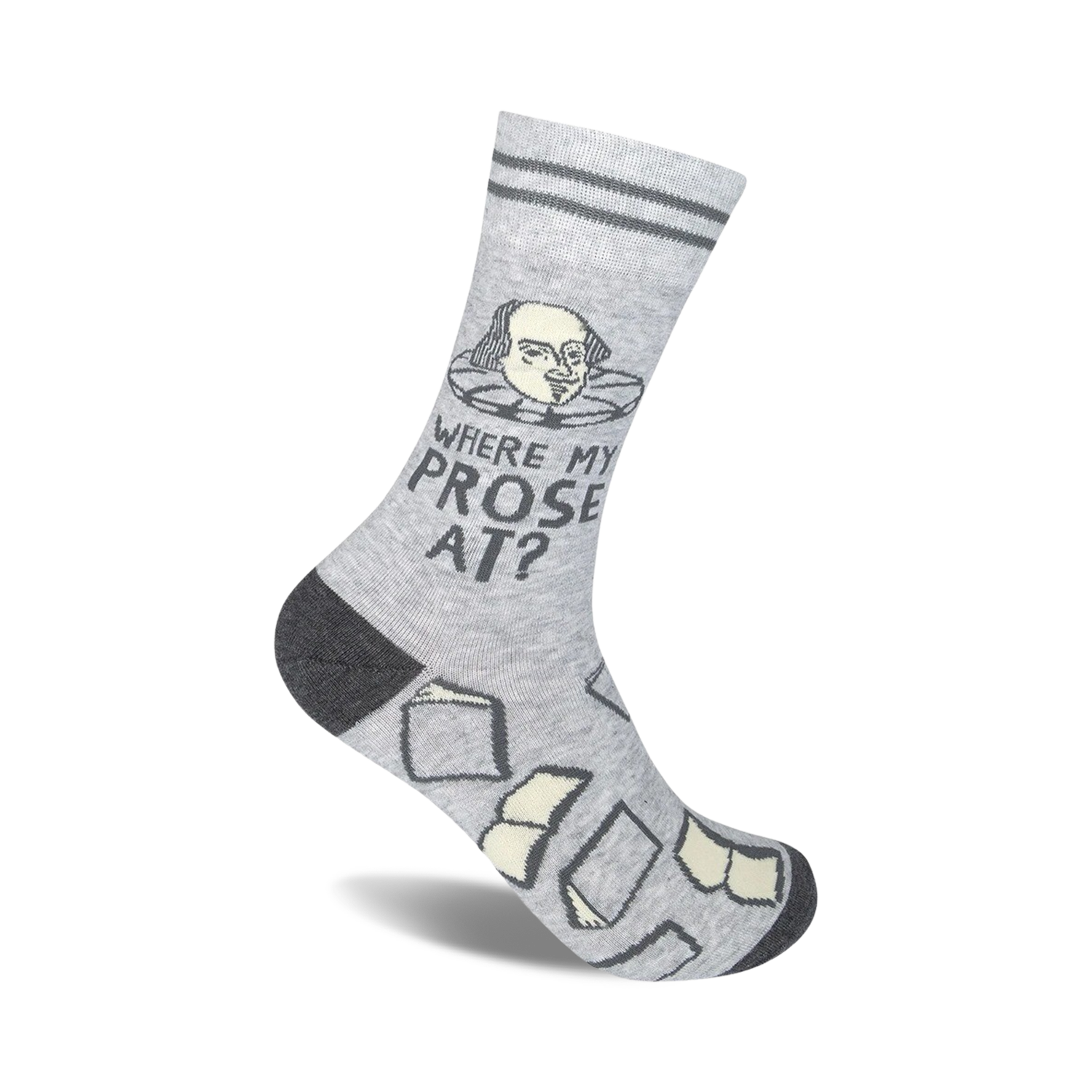 Grey crew socks with a Shakespeare illustration, the phrase 'Where My Prose At?', and small book designs. Dark grey cuff and toe.